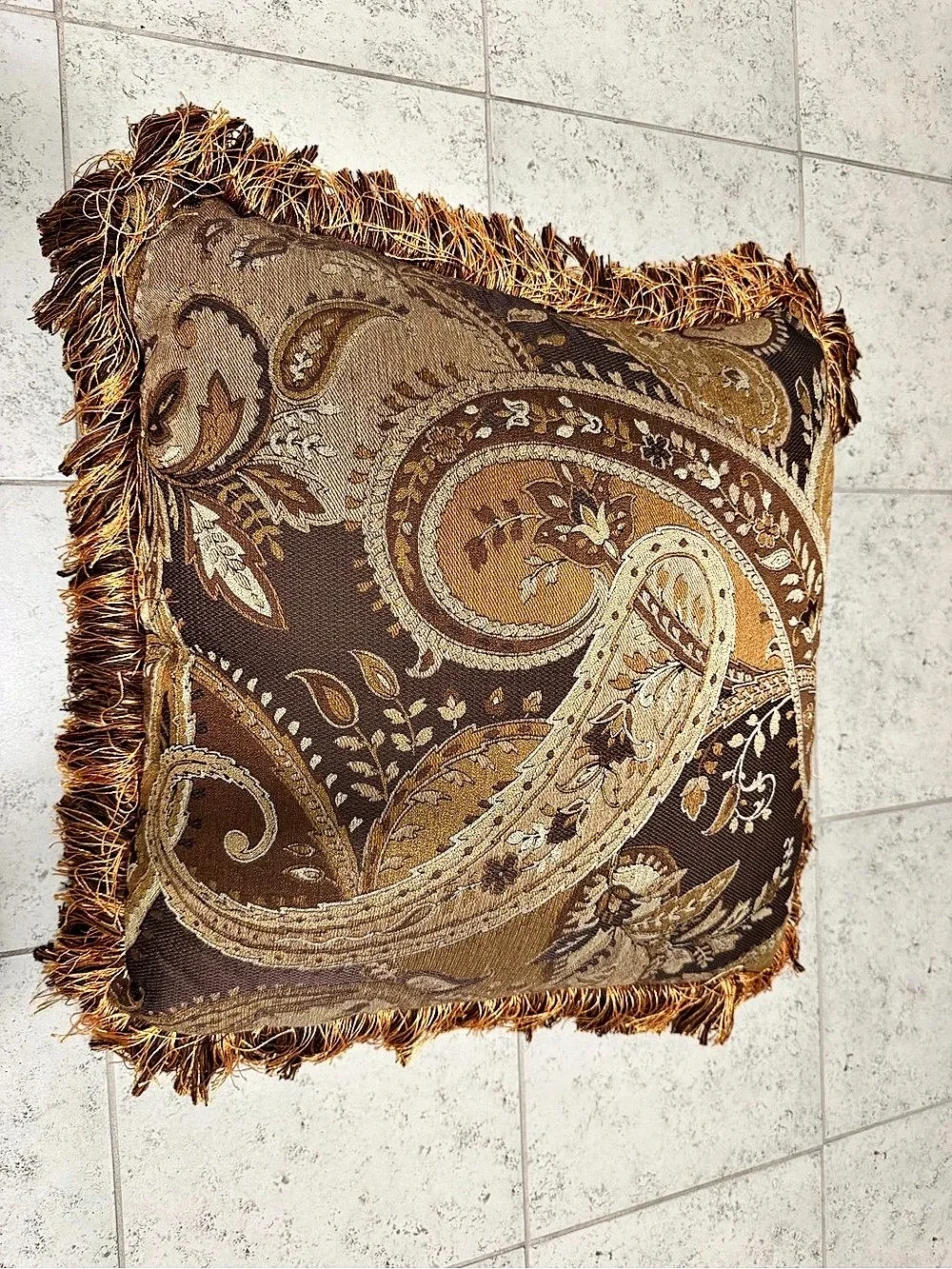 Paisley Fringe Accent Pillow in Brown & Gold